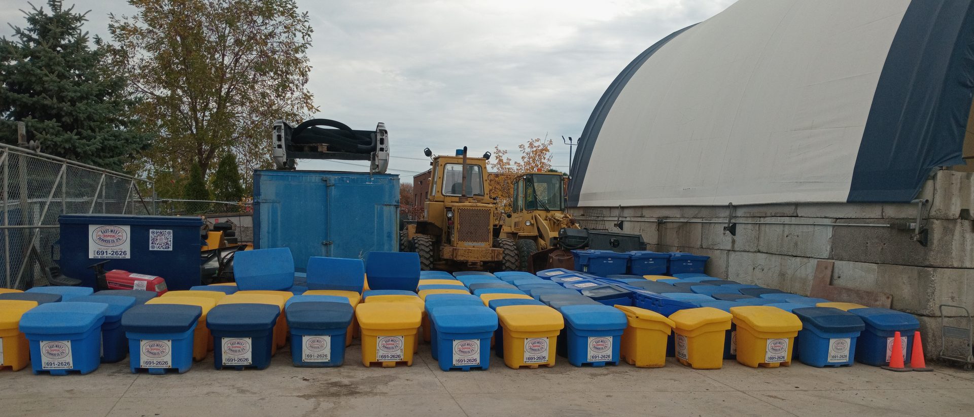 East-West salt storage dome, stocked salt bins and loader staged at the Toronto yard